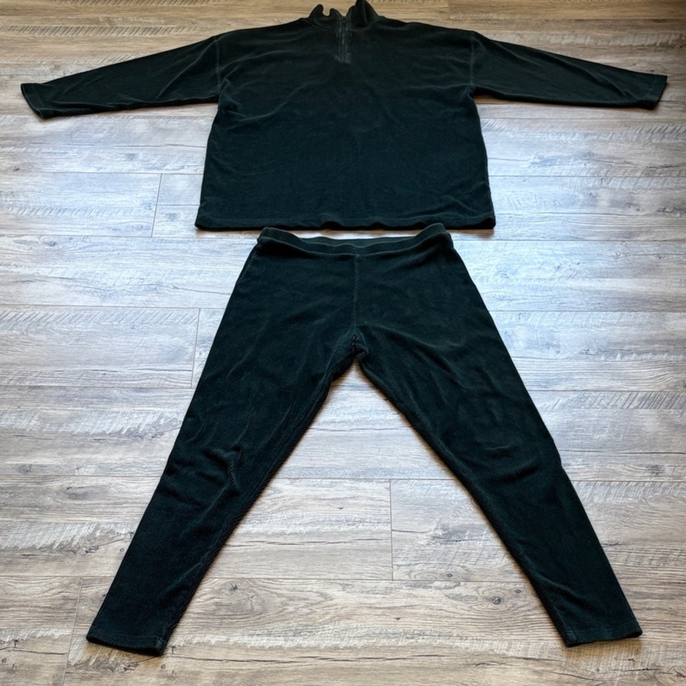 3/$30! Vintage Velour Track Suit Dark Green Ribbed Leggings 1/4 Zip Top - Picture 2 of 9